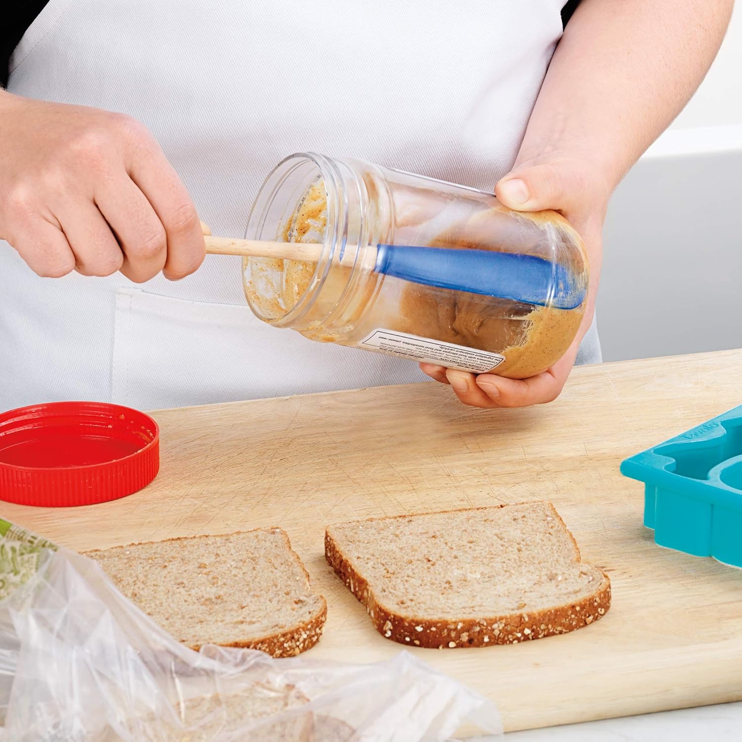 Tovolo Flex-Core Narrow Wood Handled Jar Scraper, Easy Spread & Scoop, Dishwasher Safe, Stratus Blue