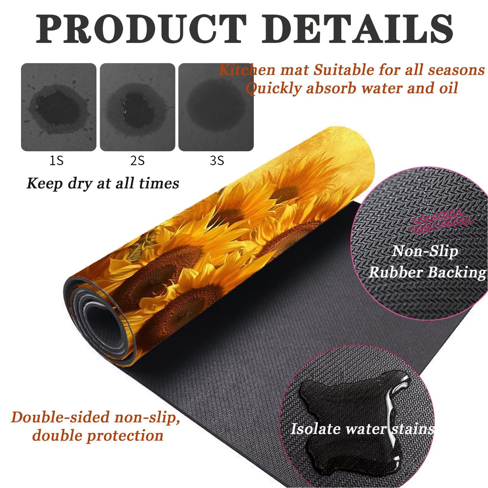 Tapis Cuisine Lot de 2 Tapis de Cuisine Antidérapant et Lavable Séchage Rapide Tapis de Sol Absorbant Tapis Couloir Tapis de Cuisine Devant Evier Tapis de Couloir Sunflower 80x120cm+80x240cm 14-1227
