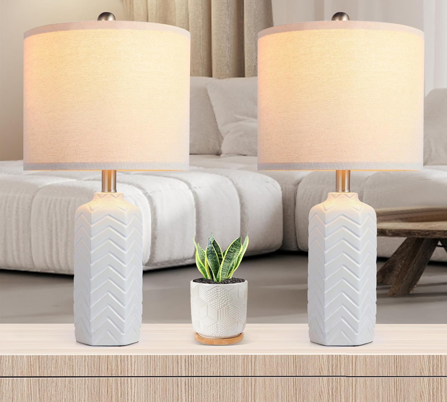 22" Modern Ceramic Table Lamp White Nightstand Lamp Set of 2 Farmhouse Bedside Lamps for Bedroom End Table Lamps for Living Room Office Dorm