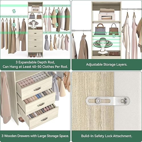 Miniatura 5 de Sistema organizador de armario de 96 pulgadas con 3 varillas para colgar, organizadores de armario de 8 pies y almacenamiento con 3 cajones de
