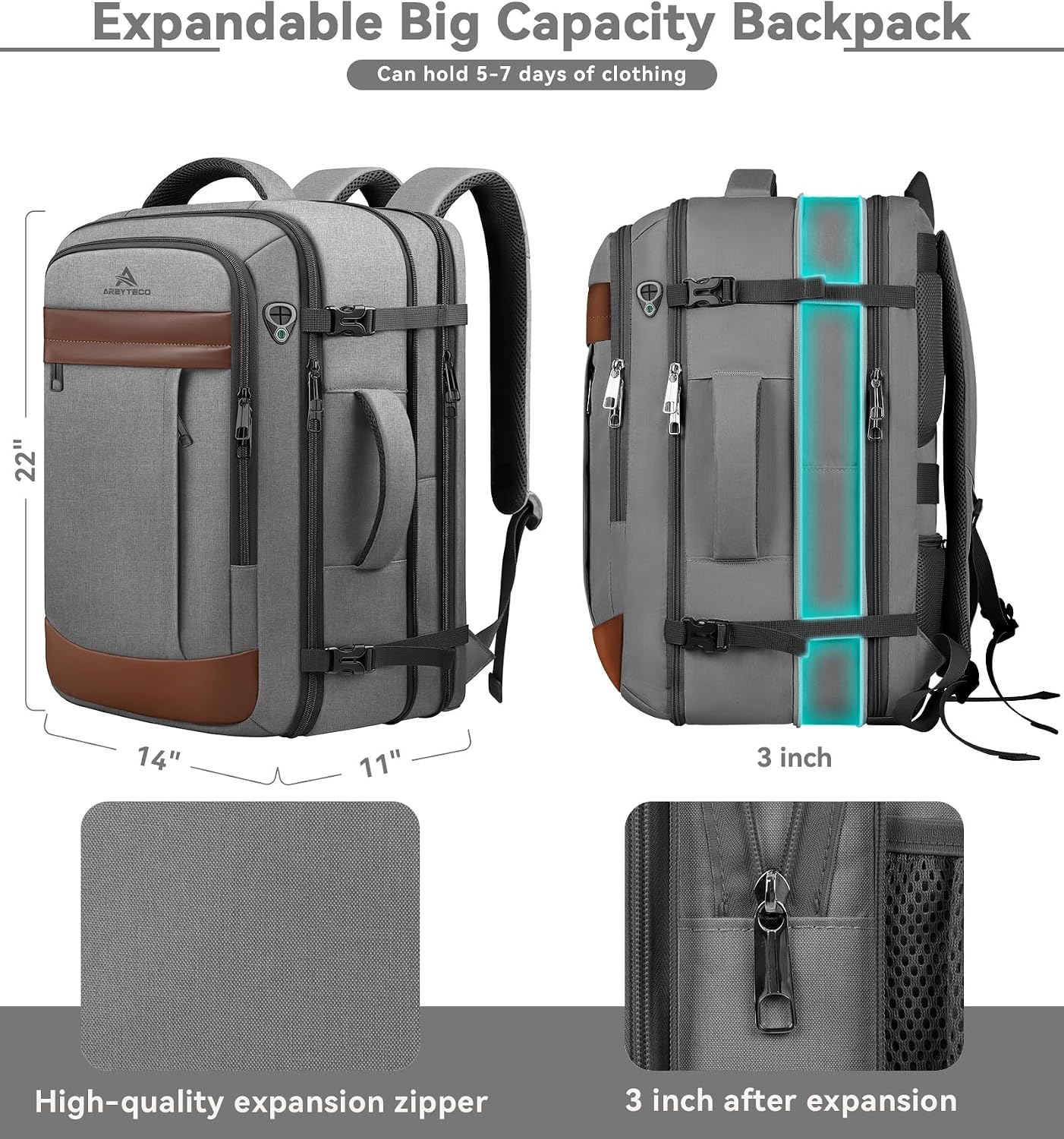 AREYTECO Expandable Carry On Backpack, 55L Extra Travel Laptop Backpack for Men Women, Big Bag Business Travel Essentials Flight Approved, 18 Inch Laptop Backpack Computer Bag Gifts for Him Men image 2