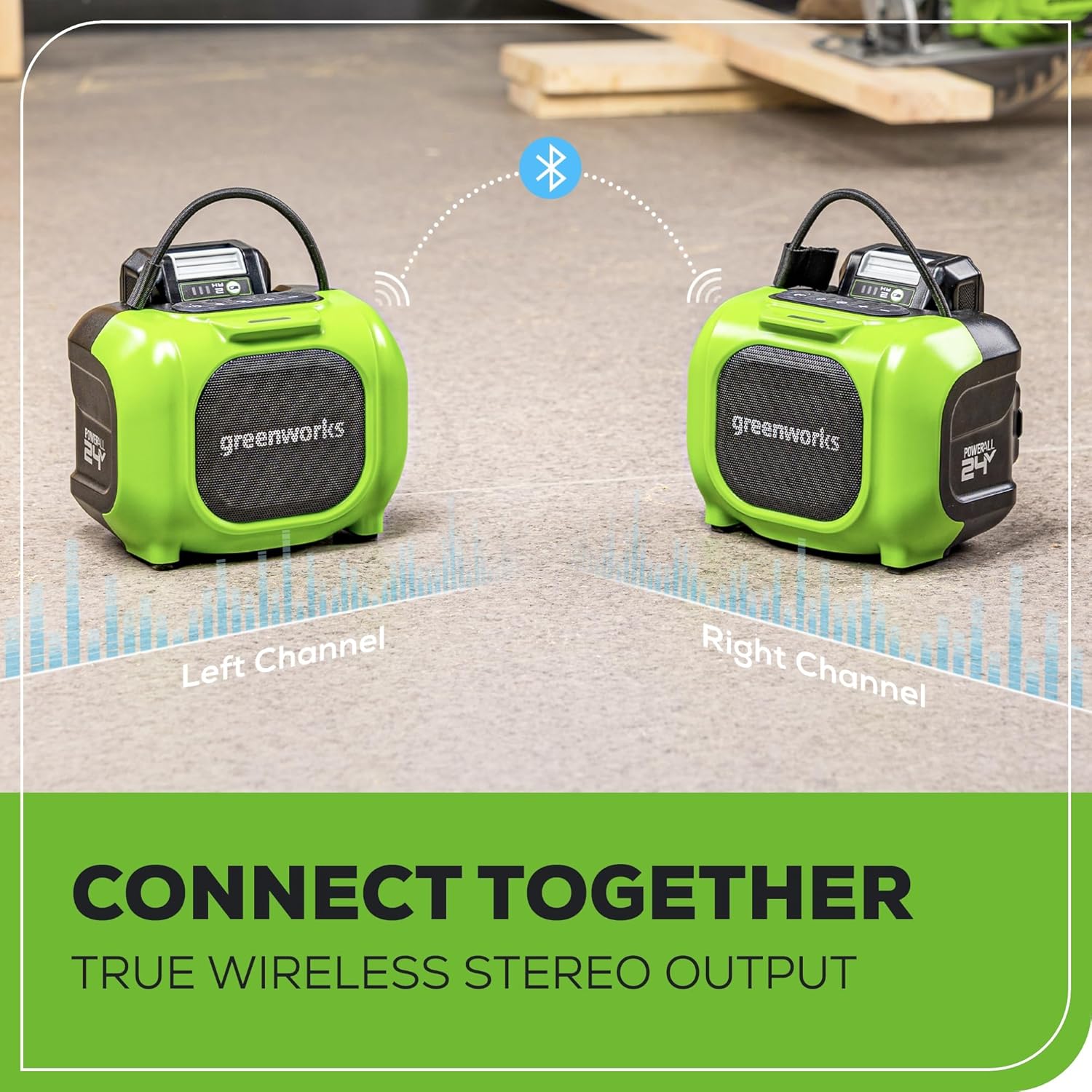 Greenworks 24V Bluetooth Compact Speaker, AC/DC Wireless Portable Worksite Speaker, 2Ah Battery and Charger Included
