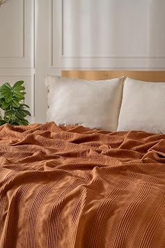 100% Pamuk Pike Çift Kişilik, Waffle Bordür Desenli Yatak Örtüsü, Hafif Yazlık Pike, Denizli Üretimi Kaliteli Yatak Örtüsü (Tarçın Kahve, Çift Kişilik Pike 200x220 cm)