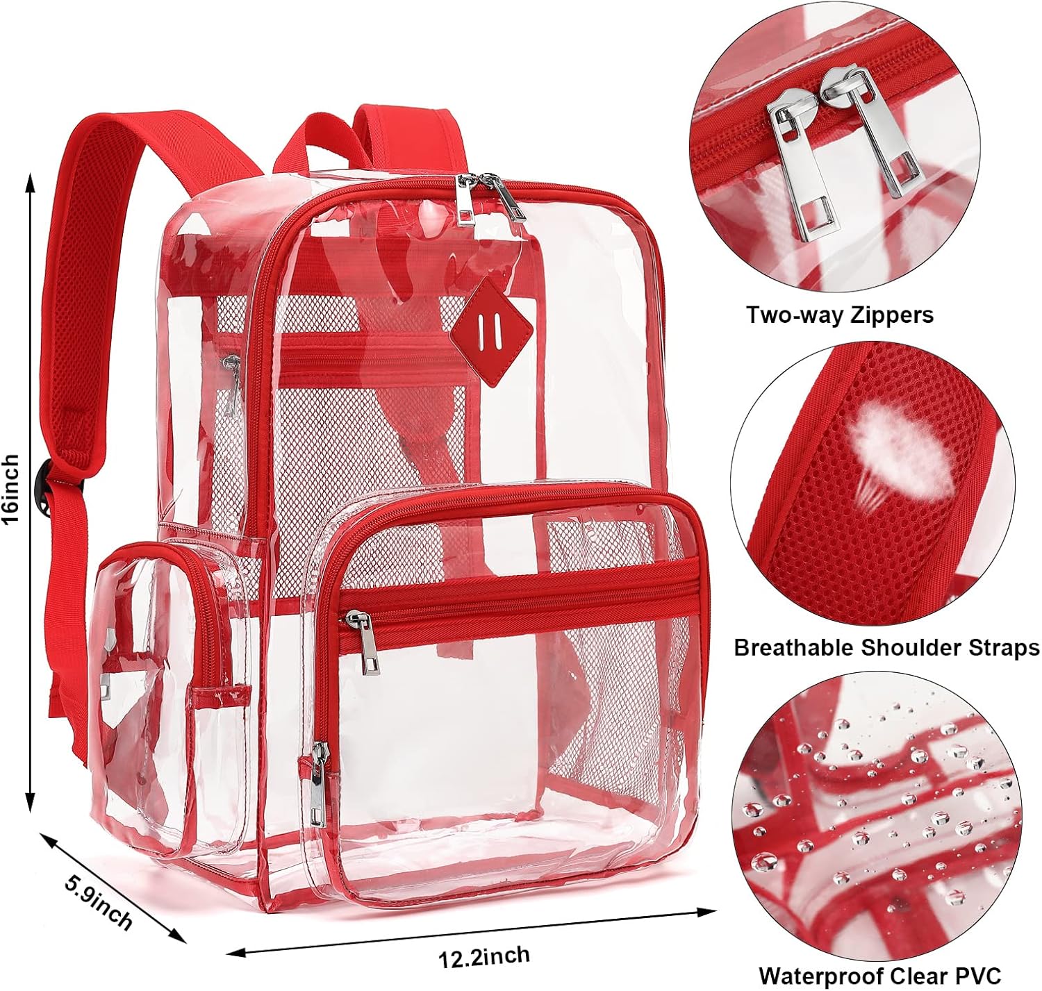 Fuyicat Heavy Duty Clear Backpack for Girls Boys Women Men, PVC Transparent School Backpacks See Through College Bookbag (Red) - Image 4