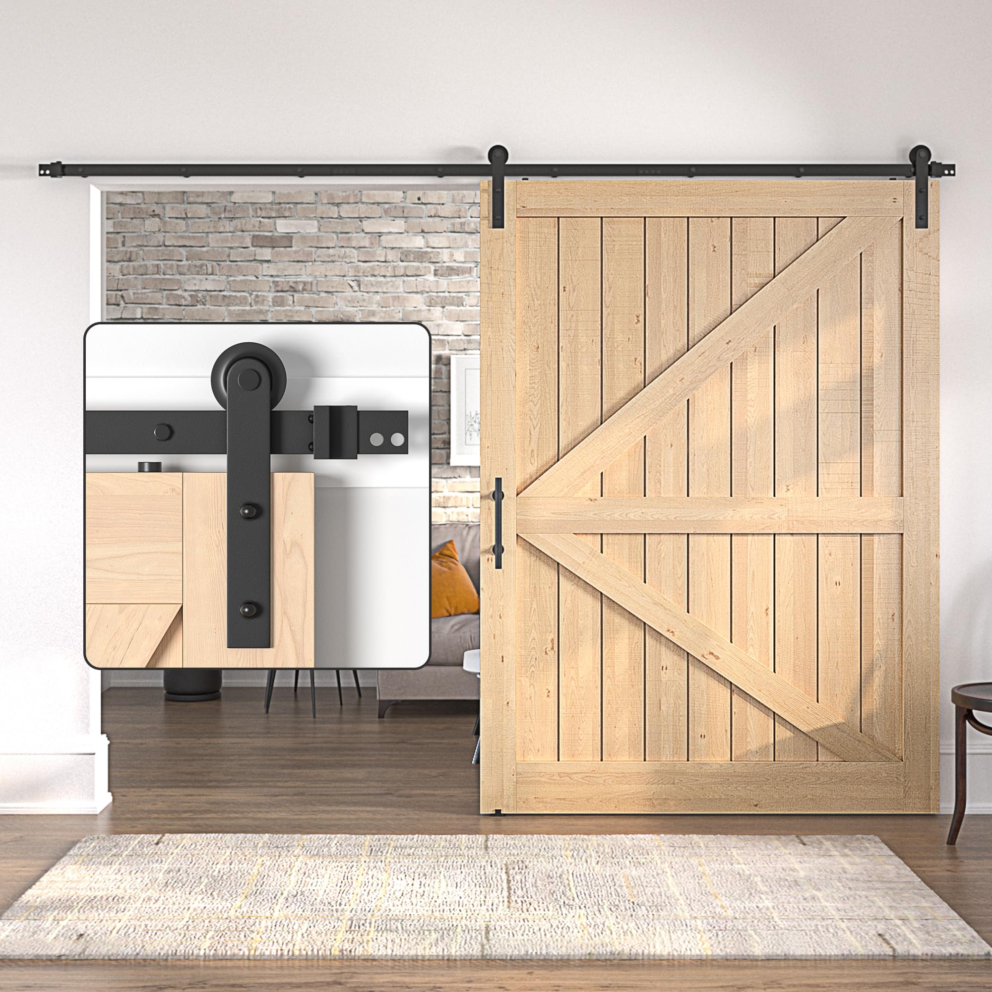 Kit de Puerta Corredera de Madera Individual, Riel Negro de Granero Resistente