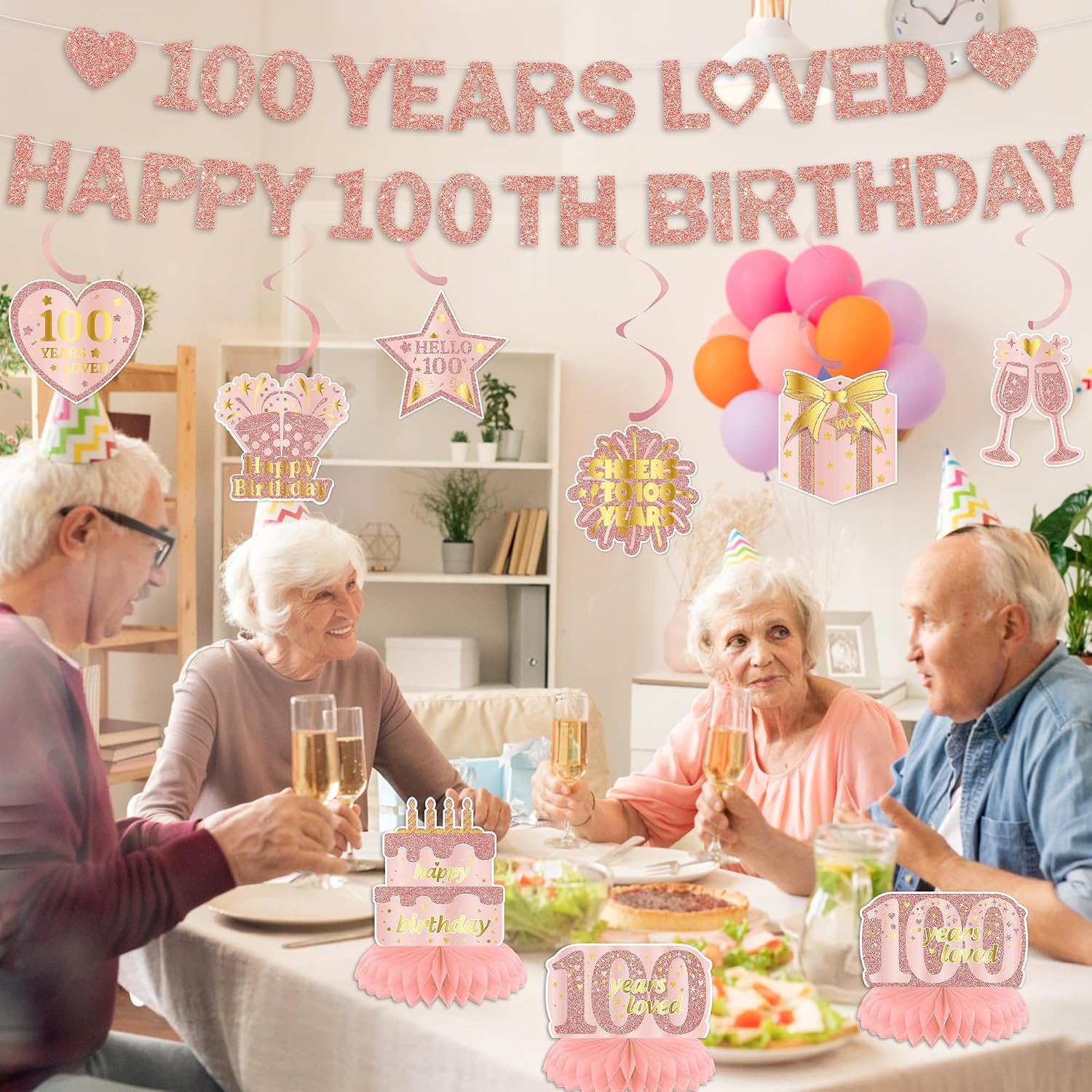 100th Birthday Party Decorations for Women - Rose Gold 100 Years Loved Happy 100th Birthday Party Supplies, Glitter 100 Years Old Decoration with Banner Hanging Swirls Honeycomb Centerpieces