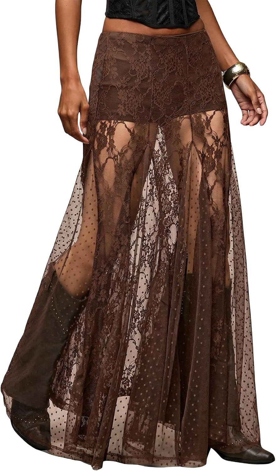 MakeMeChic Women's Lace Sheer Maxi Skirts Floral Polka Dots Ruffle Concert Boho Goth Long Skirts