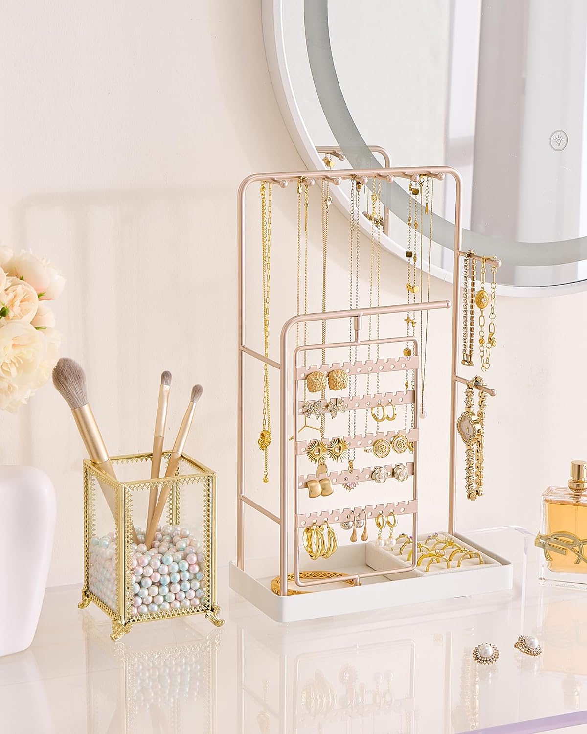 ProCase Jewelry Stand Holder Organizer, Jewelry Display Storage with Ring Tray, Rotating Earring Bracelet Necklace Holder, Valentine's Gifts Room Dorm Decor for Teen Girls -Champagne (No-Assembly)