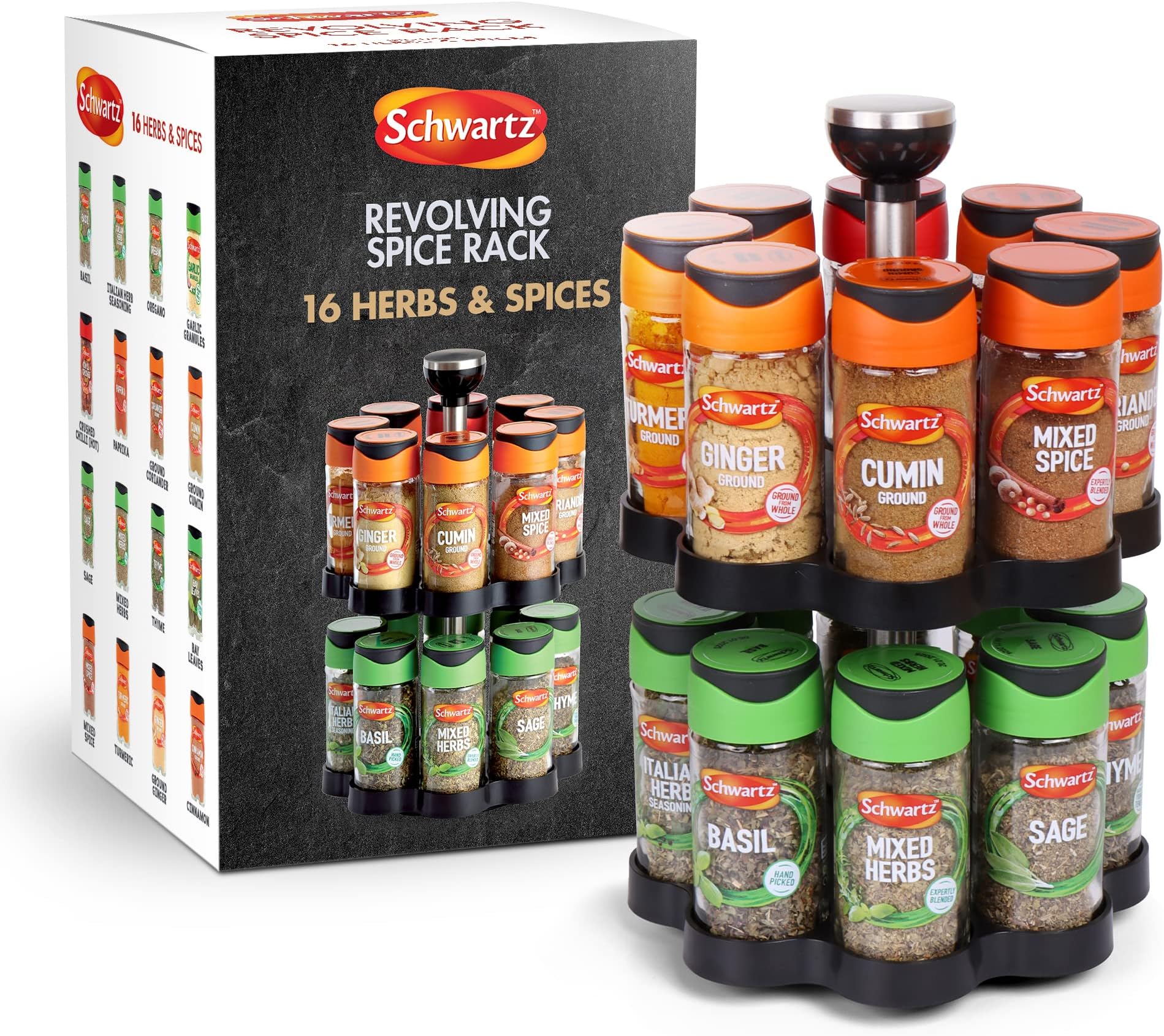 Schwartz Rotating Spice Rack, Space Saving, Includes 16 Herbs and Spices Jars for your Favourite Dishes, 373 G, 18cm (W) x 26cm (H), Engraved Schwartz Logo on Handle