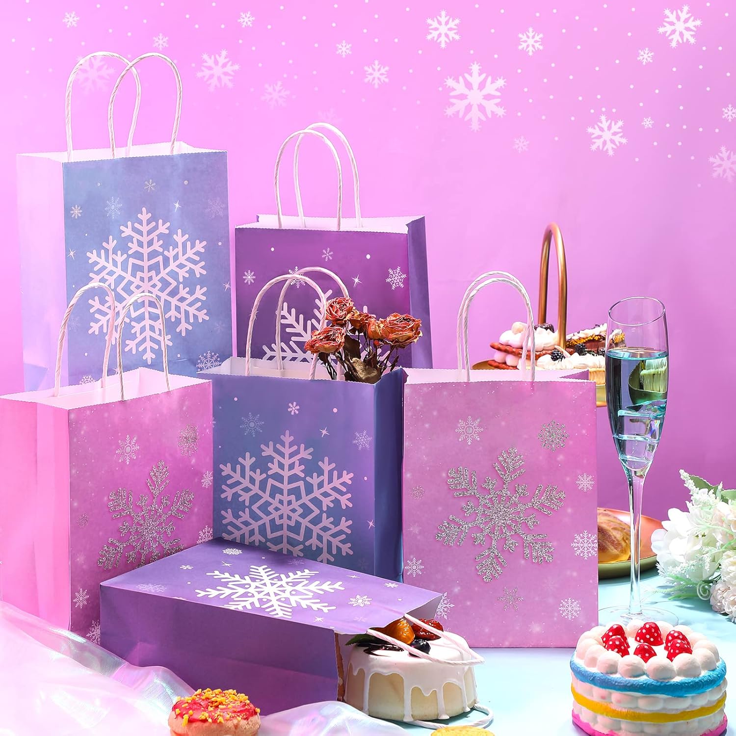Cindeer 21 Pieces Snowflake Party Favors Bags Kraft Paper Candy Treat Goodie Gift Bags with Handles for Winter Wonderland Snowflake Theme Christmas Holiday Birthday Party Supplies - Image 4