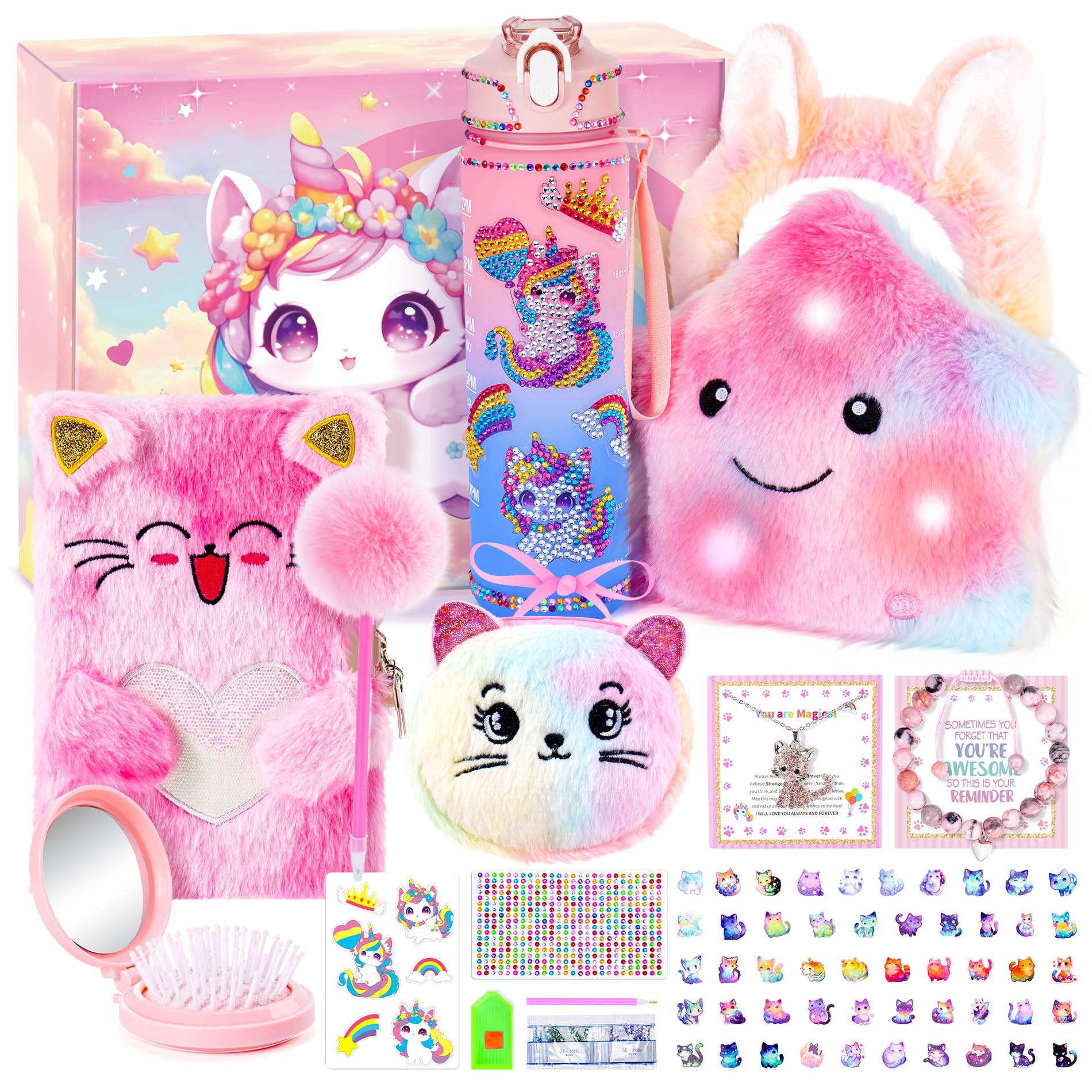 Auspicious beginning Unicorn Cat Gifts for Girls Age 3-10 11 12 Girl’s Birthday Gift Unicorn Cat Gifts for Kids DIY Your Water Bottle, Star Plush, Locking Notebook with Pom Pom Pen, Necklace Bracelet
