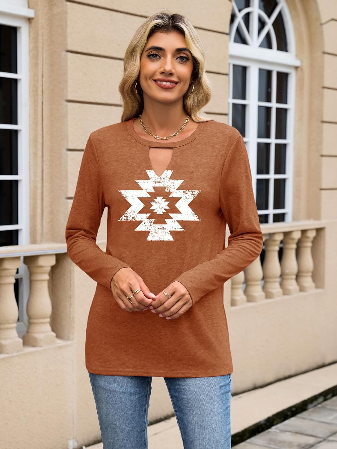 Binshre Western Country Concert Outfits Women Long Sleeve Keyhole Sexy V Neck T Shirts Vintage Rodeo Cowgirl Graphic Tees - Image 2