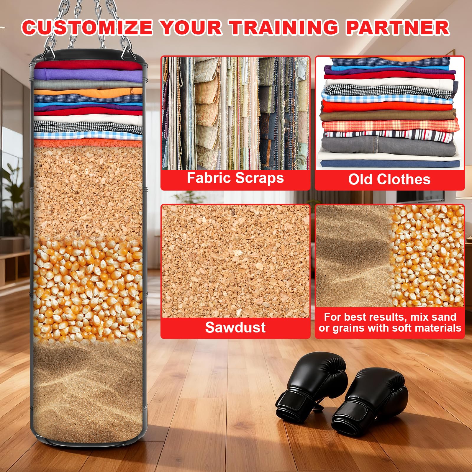 Sac de Frappe Adultes, Qoosea 120cm Lourd Sac de Boxe avec Gants et Bandage de Boxe, Suspension Punching Ball pour Entraînement de Kickboxing, MMA Karaté Taekwondo Idéal Cadeau- Non Rempli