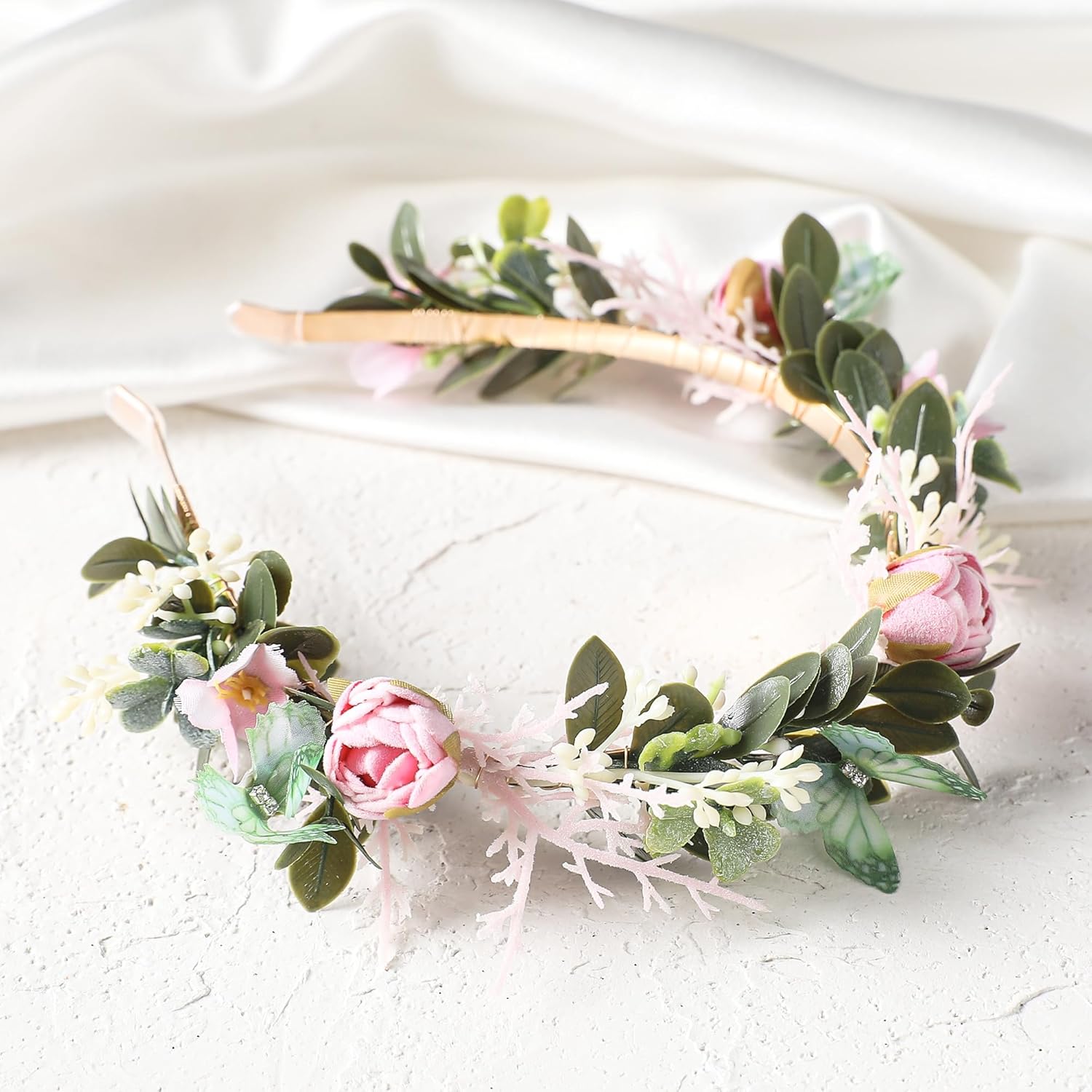 Fairy Butterfly Flower Crown, Artificial Pink Green Floral Headpiece, Woodland Forest Elf Flower Headband for Women Fantasy Renaissance Halloween Cosplay Party Hair Accessory - Image 3