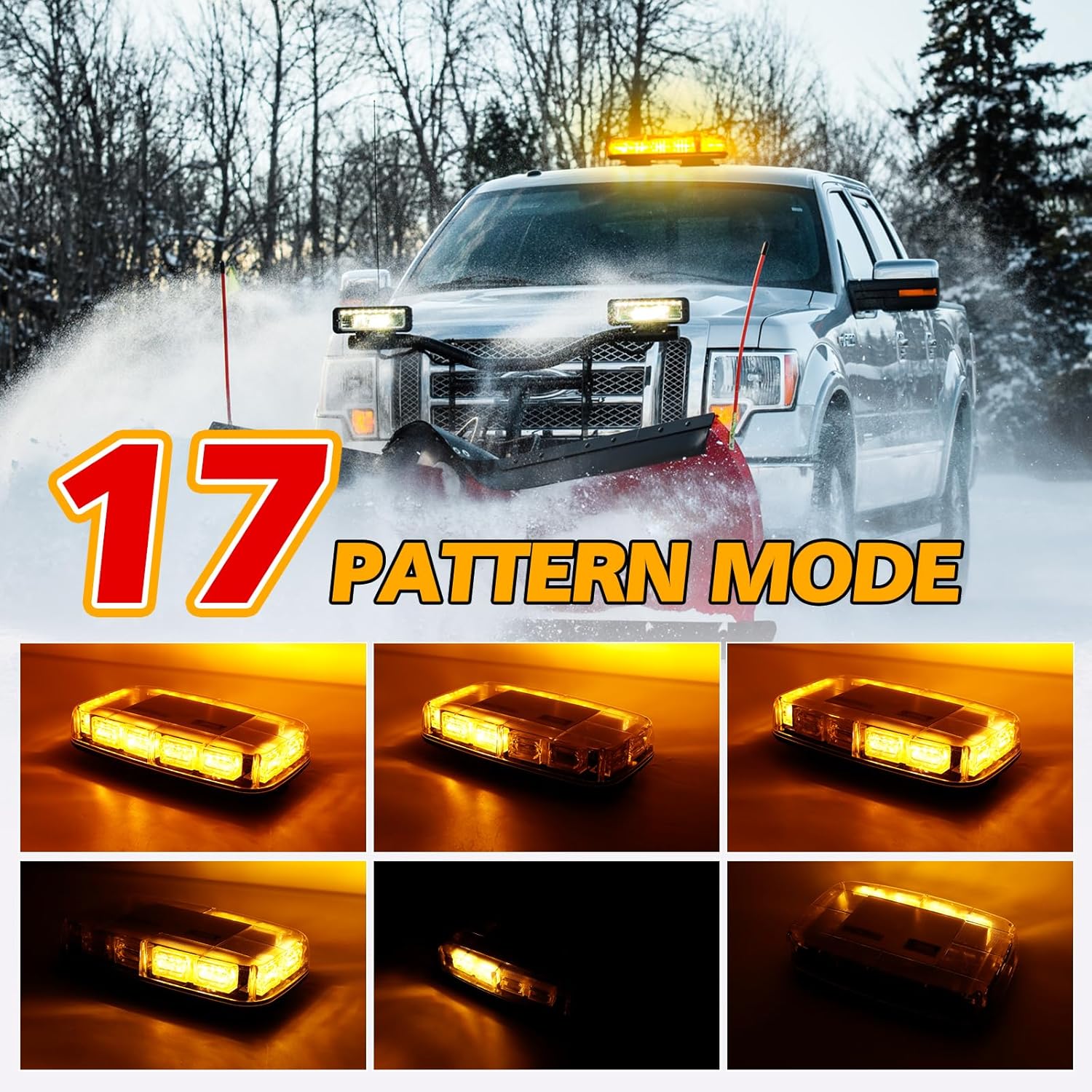 Rechargeable Strobe Light Amber Wireless Battery, 17 Flashing Mode, High Low Brightness, 48pcs Led, Beacon Roof Top Hazard Flash Warning Lights for Vehicles Trucks Snow Plows Postal Mail ATV UTV