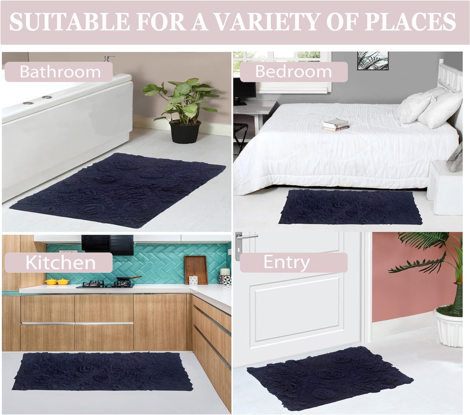 Home Weavers Modesto Bath Rug 100% Cotton Bathroom Rugs Set, Washable Rug, Extra Soft and Absorbent Bath Rug, Kitchen Mat, Bath Mat Set, Bath Floor Mat Non Slip, 4 Piece Set with Runner, Navy
