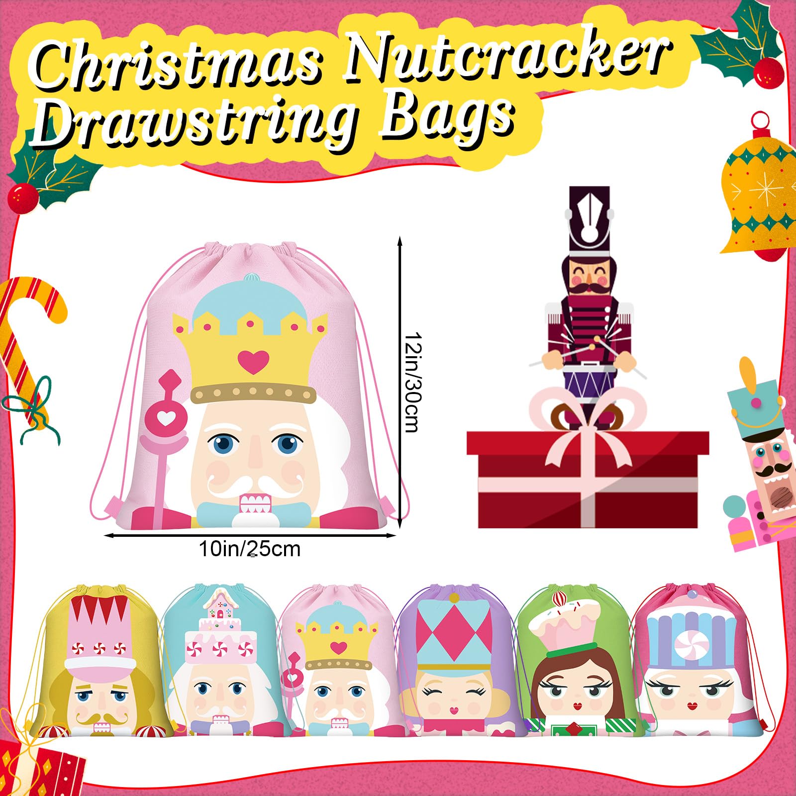 Hillban 12 Pcs Nutcracker Drawstring Backpack Valentine Nutcracker Gift Bags Waterproof Shoulder Bags for Yoga(Cute,Pink)