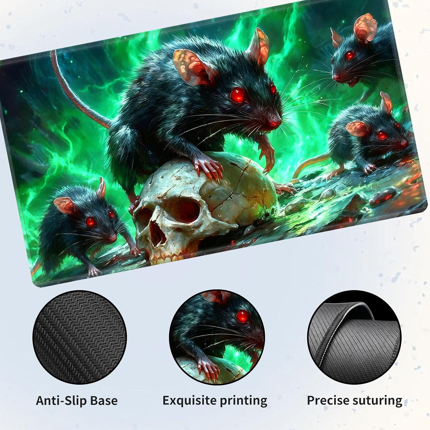 Playmat for MTG & Magic: The Gathering, 28x16 inch Non-Slip TCG Game Mat for Commander, Black Rats Skull in Green Mist Card Game Table Mat