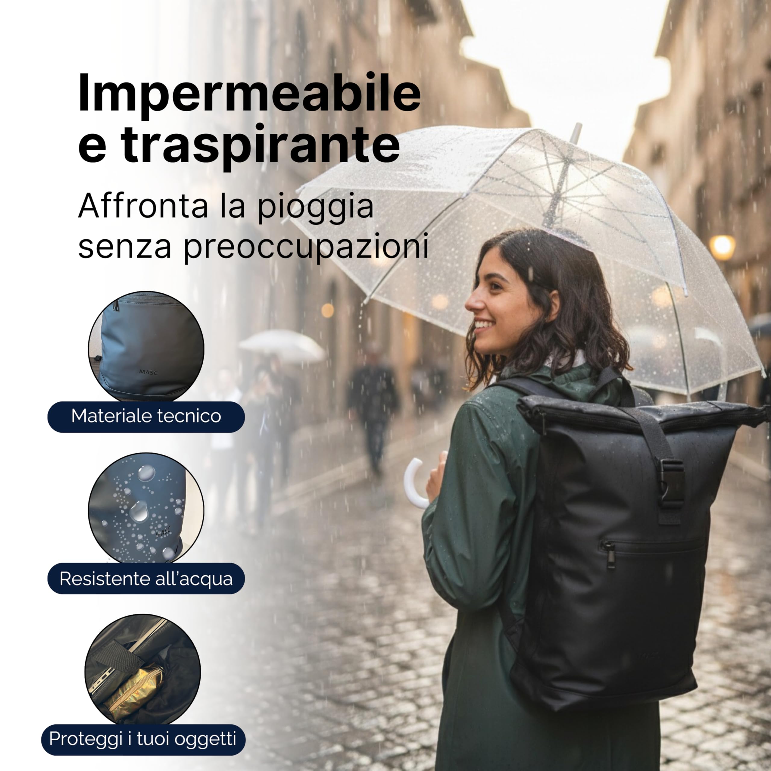 MASC Zaino Rolltop Impermeabile per Uomo e Donna, Zaino da Lavoro Elegante, 21L Capiente con Scomparto Porta Pc 18 Pollici
