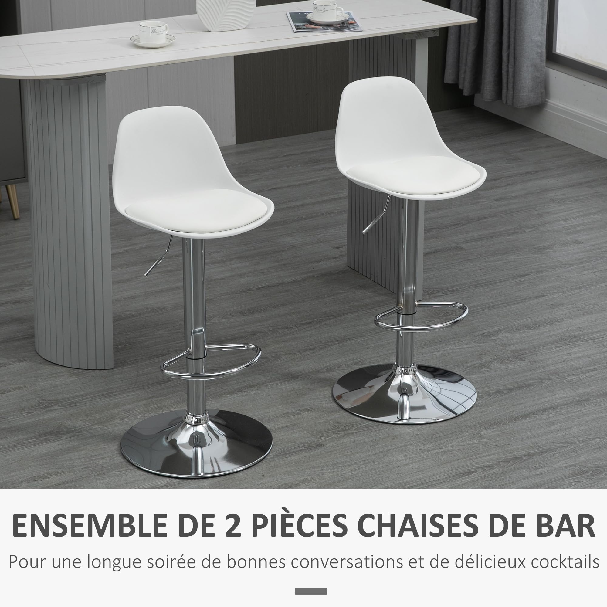 HOMCOM Tabourets de Bar avec Dossier, Lot de 2, 41x42x82-104 cm, Blanc