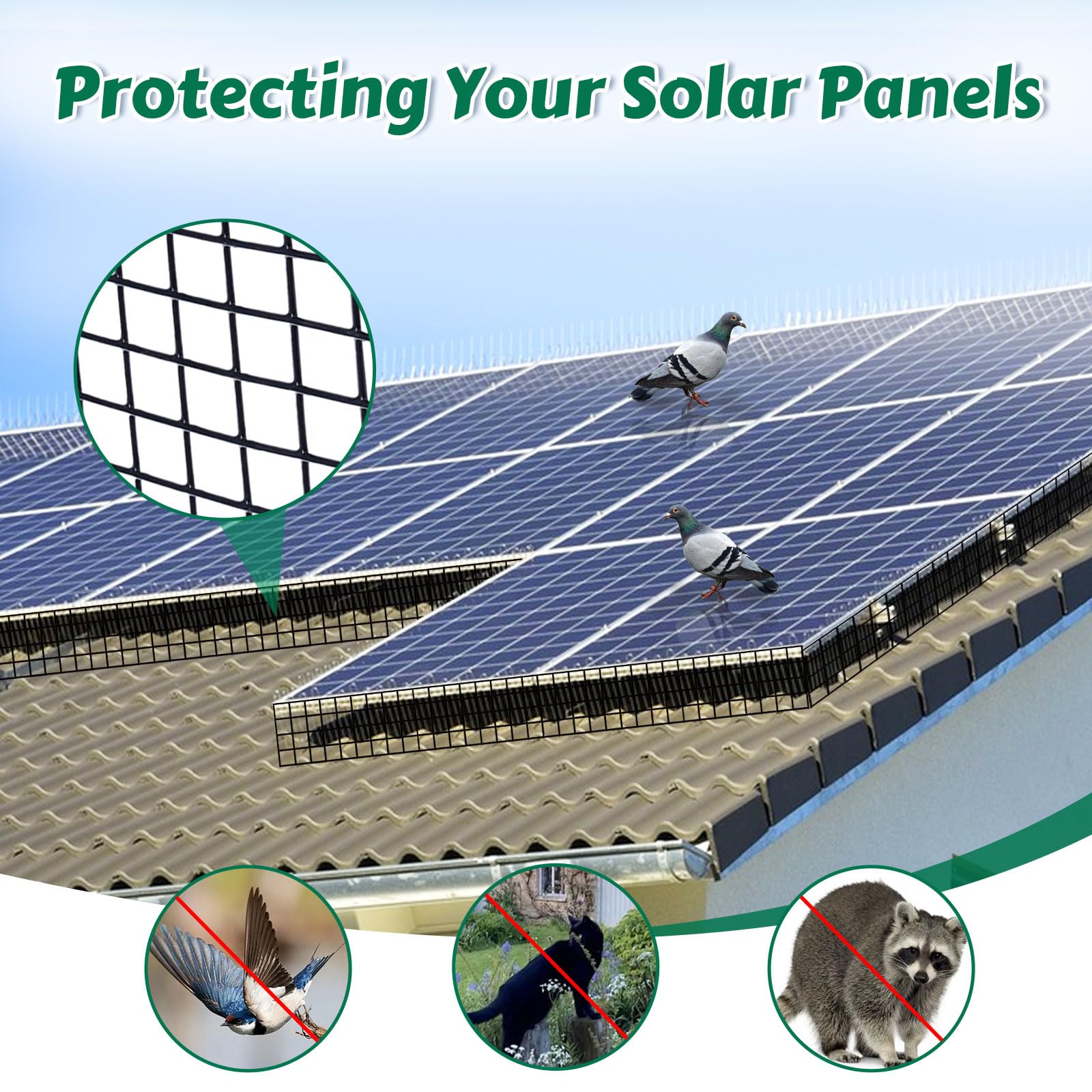 Kit Rete Antiuccelli per Pannello Solare 15cm x 30m, Filo PVC Disuasore per Uccelli, Protezione per Pannello Solare per Impedire la Nidificazione delle Colombe Sotto i Pannelli Solari