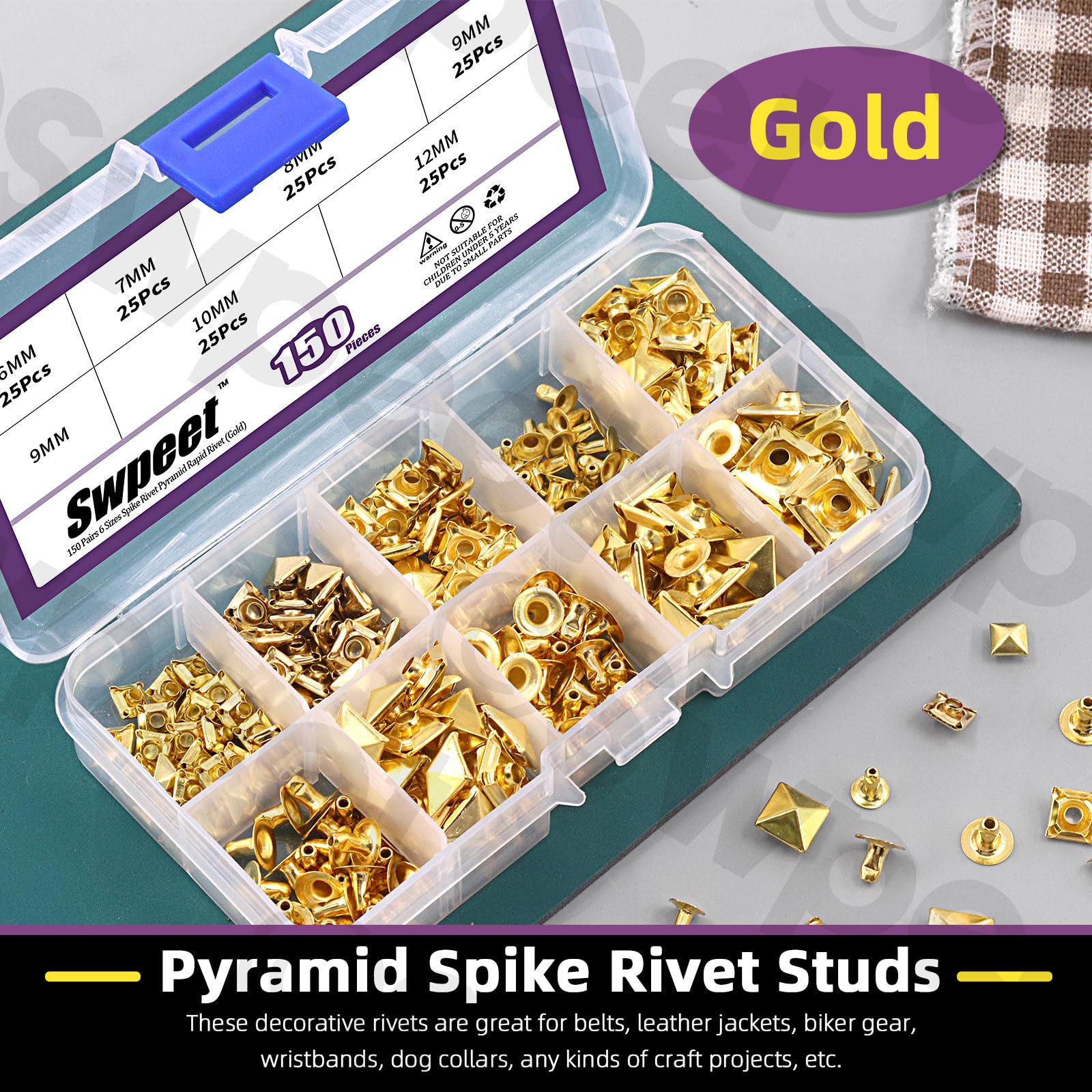 Swpeet 150Pcs 6 Sizes 6mm/7mm/8mm/9mm/10mm/12mm Gold Spike Rivet Pyramid Rapid Rivet Studs Kit - Image 3