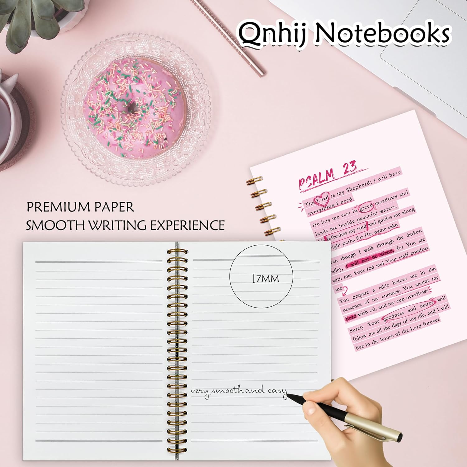 Qnhij Pink Christian Spiral Notebooks 5.5x8.3, Psalm 23 Bible Journaling Notebook, Religious Prayer Journals for Woman, Church Notes Journal, Scripture Journal, Christian Notebook for Women - Image 2