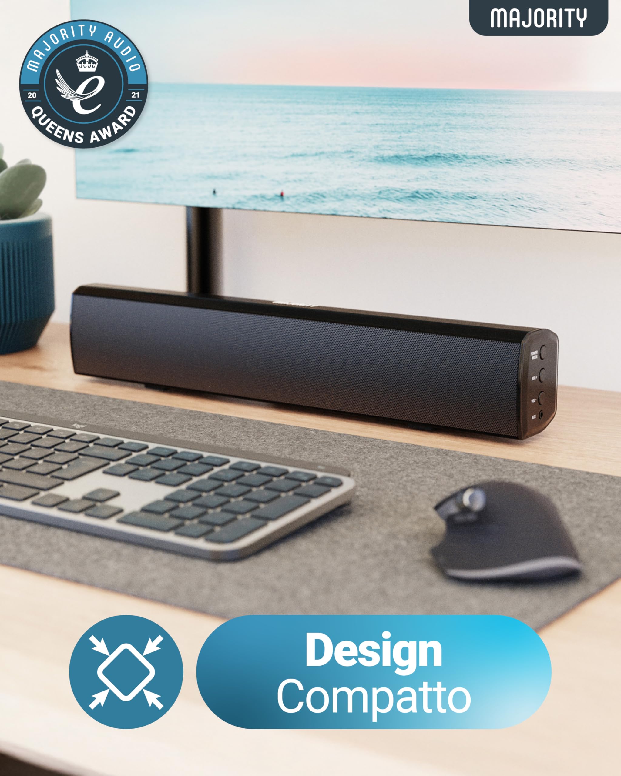 Majority Barra Soundbar Bluetooth | 50 Watt 2.0 Sound Bar Televisore e PC | Casse per TV con ottica, RCA, USB, MP3 e AUX | Soundbar per PC | Compatto e Senza Fili Bowfell