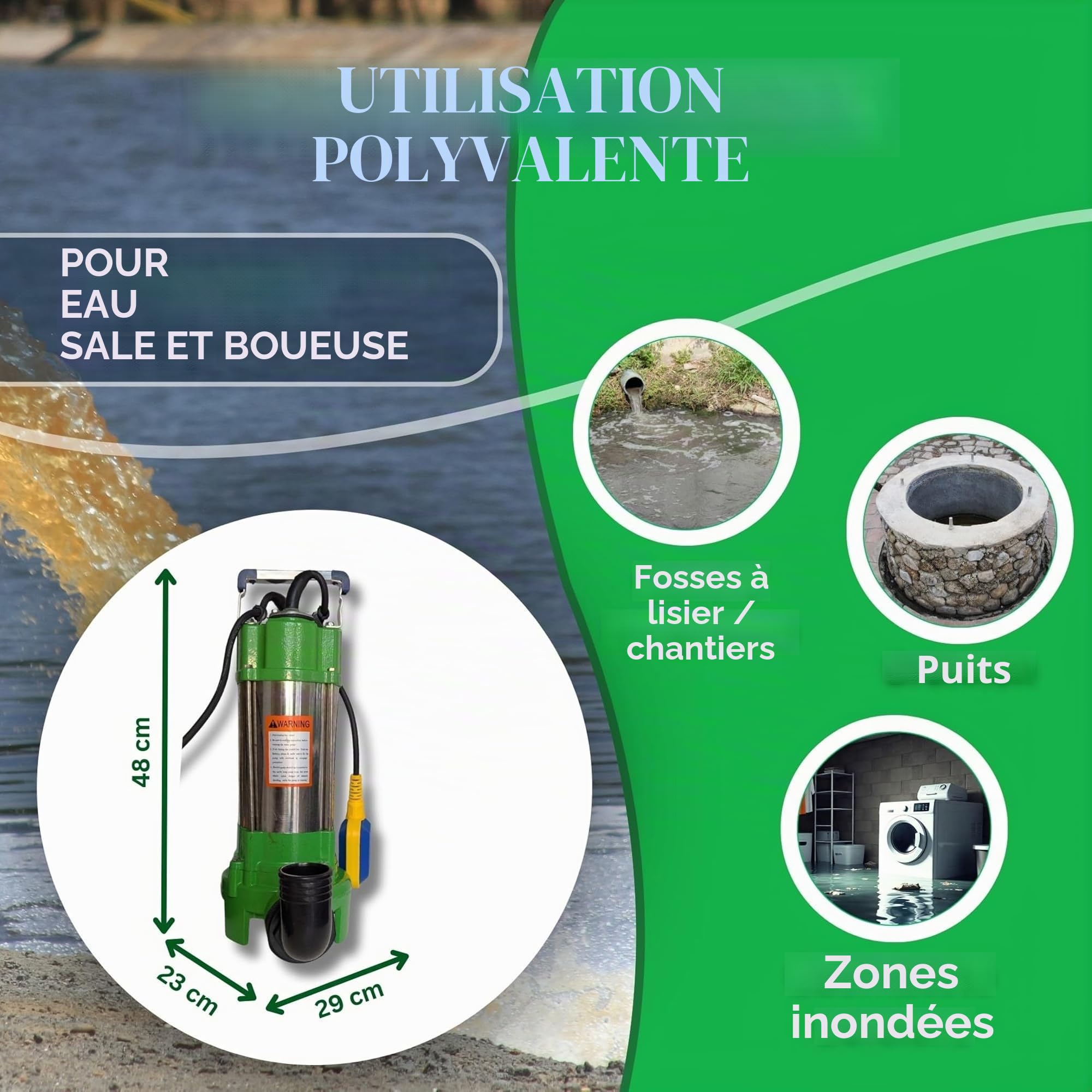 Pompe professionnelle pour eaux usées V550 11000 l/h (pompe à matières fécales professionnelle sans tuyau en C de 2")
