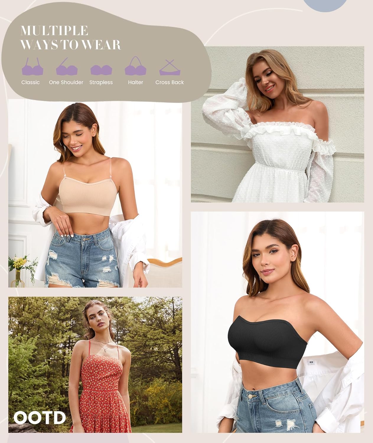 Strapless Bras for Women Non-Slip Padded Bandeau Bra Wireless Tube Top Bra Including Clear Straps - Image 6