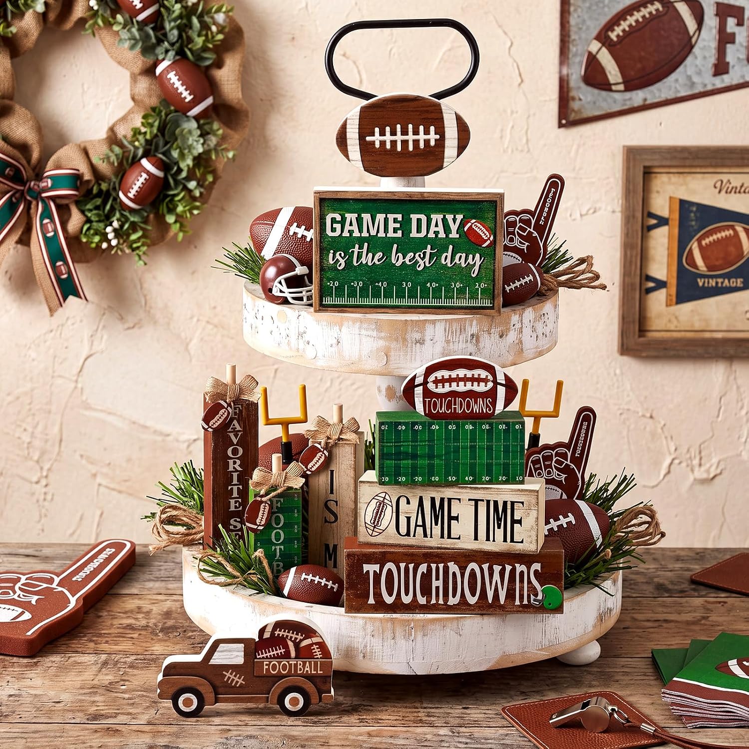 Cinnvoice 10 Pcs Fall Football Table Decoration, Game Day Tiered Tray Decor