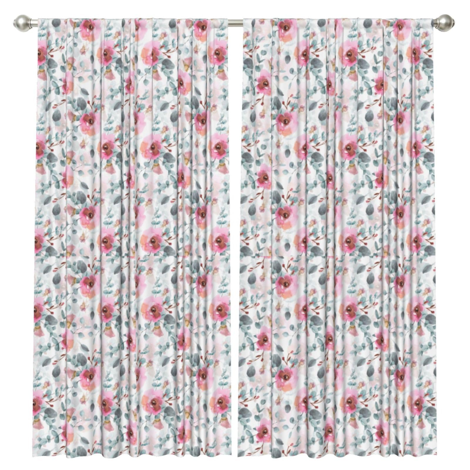 InOmak Australian Flora Watercolor Eucalyptus And Blush Flowers, 2 Panels Window Curtains 52 x 84 Inch Blackout Curtains for Living Room Bedroom