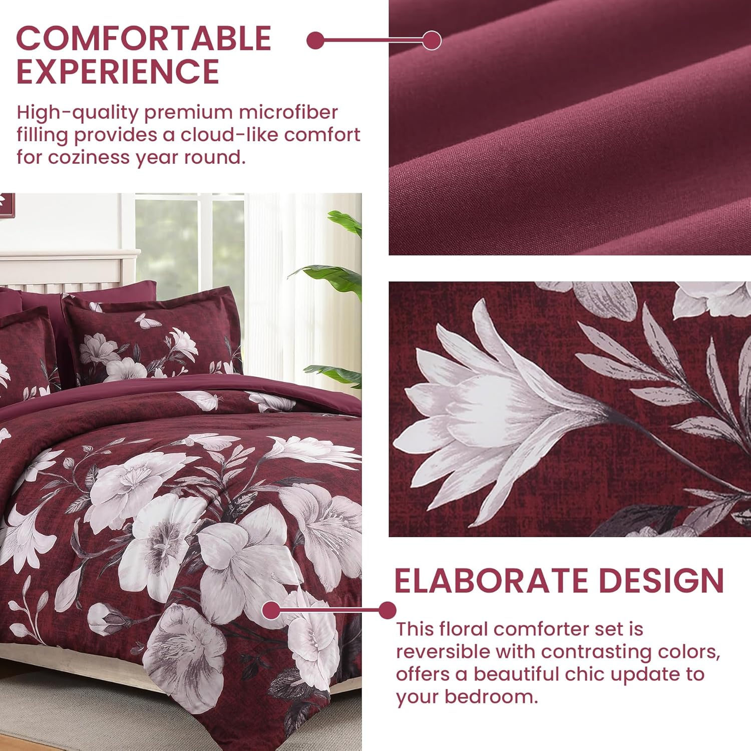 Floral Comforter Set Queen Size, 7 Pieces Burgundy Bed in a Bag, Elegant Floral Butterfly Comforter and Sheet Set, Soft Microfiber Bedding Set for All Seasons(Burgundy,90"x90") - Image 6