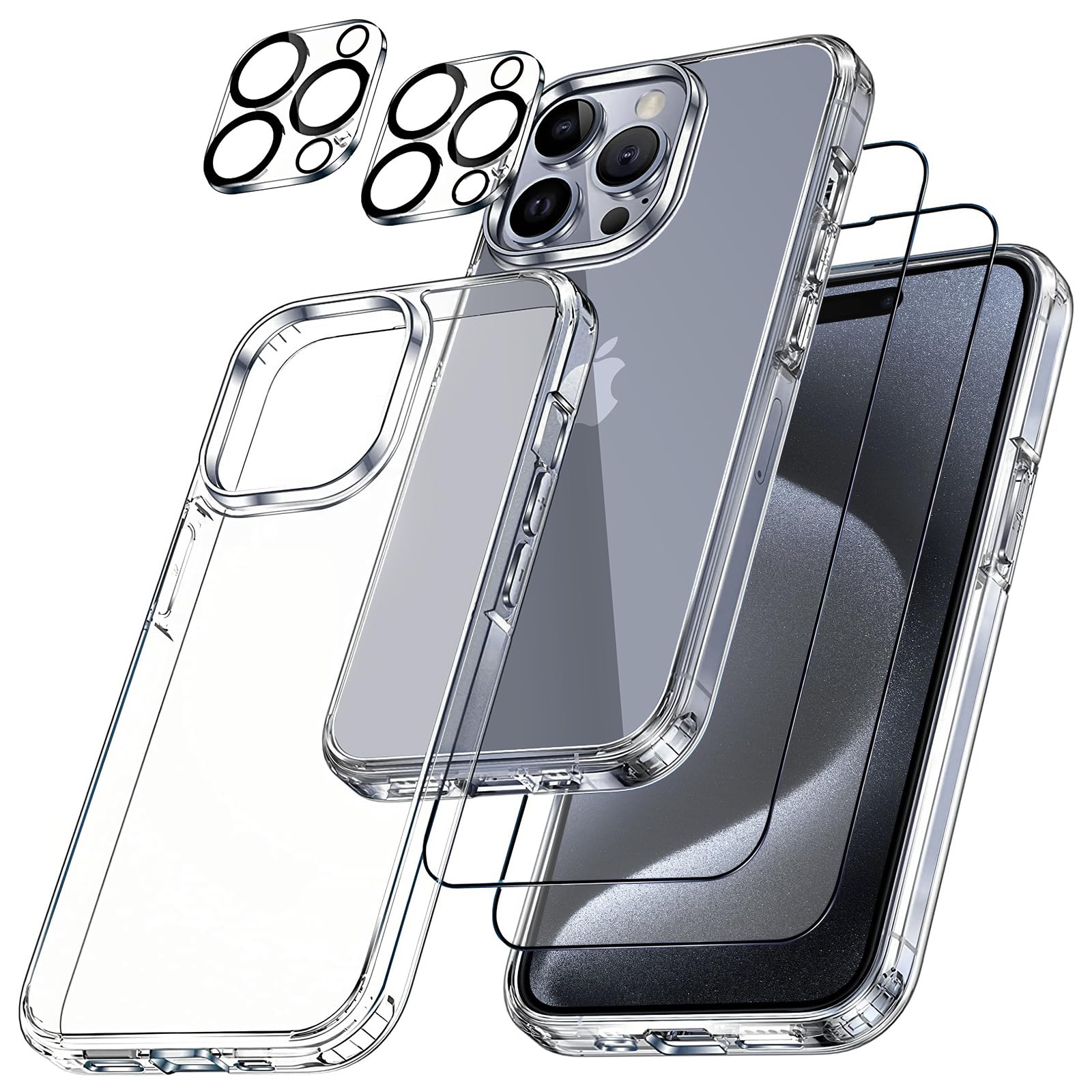 zonyee 5 in 1 Clear Case for iPhone 15 Pro, with 2 Pack 9H Hardness HD Tempered Glass Screen Protector + 2 Pack Camera Lens Protector, Crystal Phone
