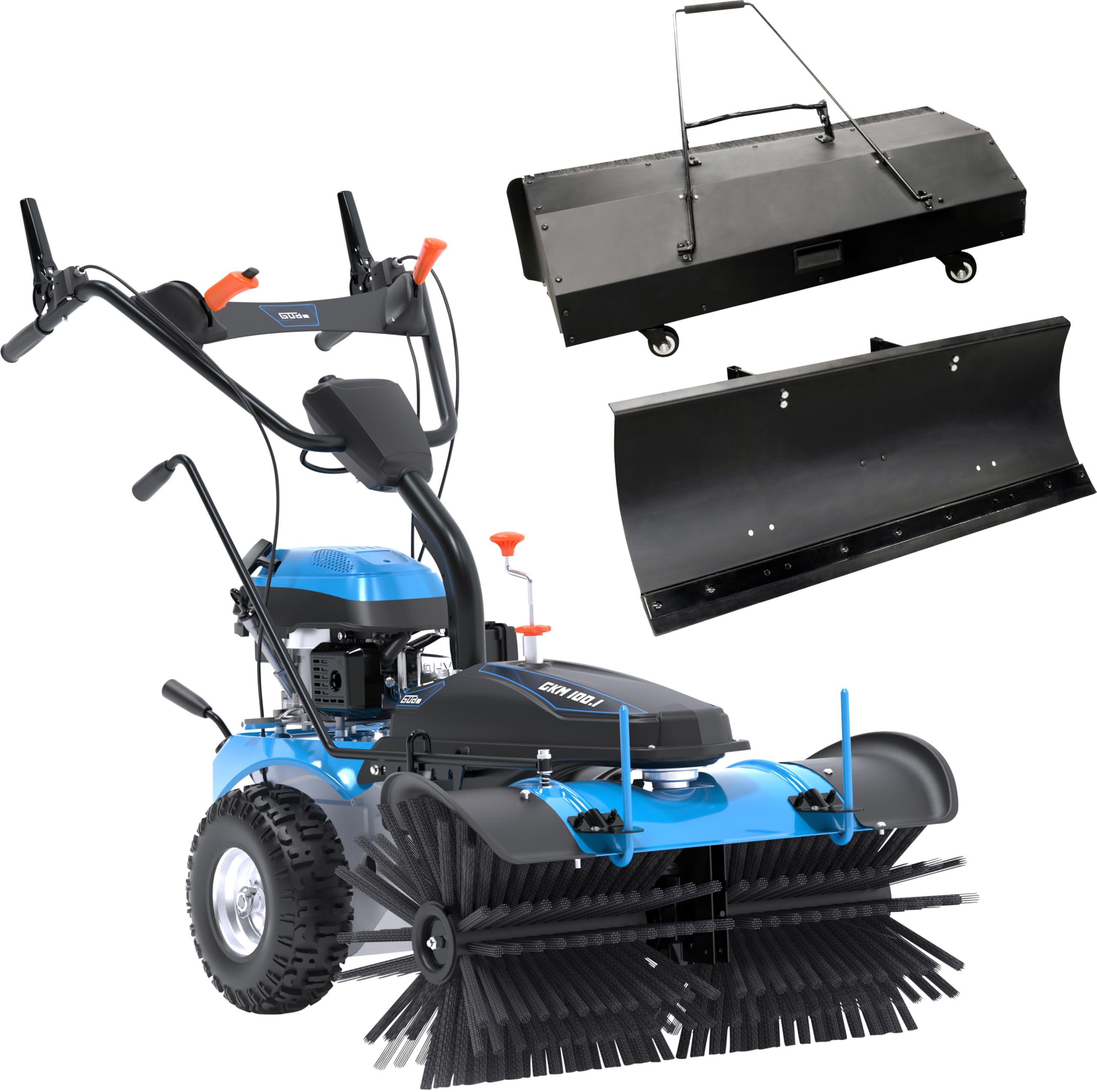 Güde GKM 100.1 Kehrmaschine - 4-Takt OHV-Motor, 173 Kubikzentimeter Hubraum, 3,2 Kilowatt, 4,4 PS, 1 Meter Arbeitsbreite, Bürste, Schneeschild und 72 Liter Behälter, 3 Vorwärts- und 1 Rückwärtsgang