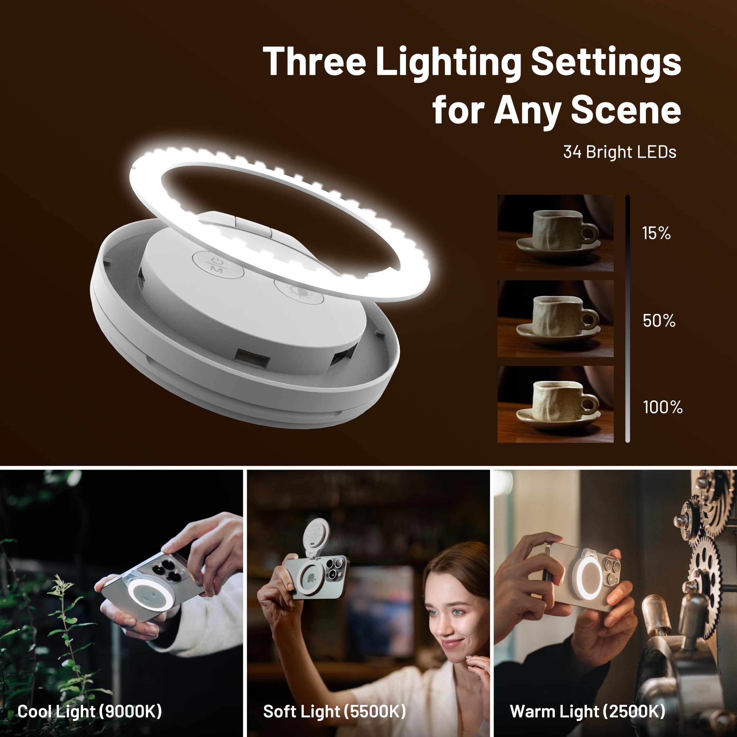 PGYTECH MagGlow Luce di Riempimento Magnetica per Cellulare, Luce Selfie MagSafe, Anello Luminoso LED Magnetico Portatile con Luce Fredda/Morbida/Calda, per Selfie/Fotografia/Video (Nero)