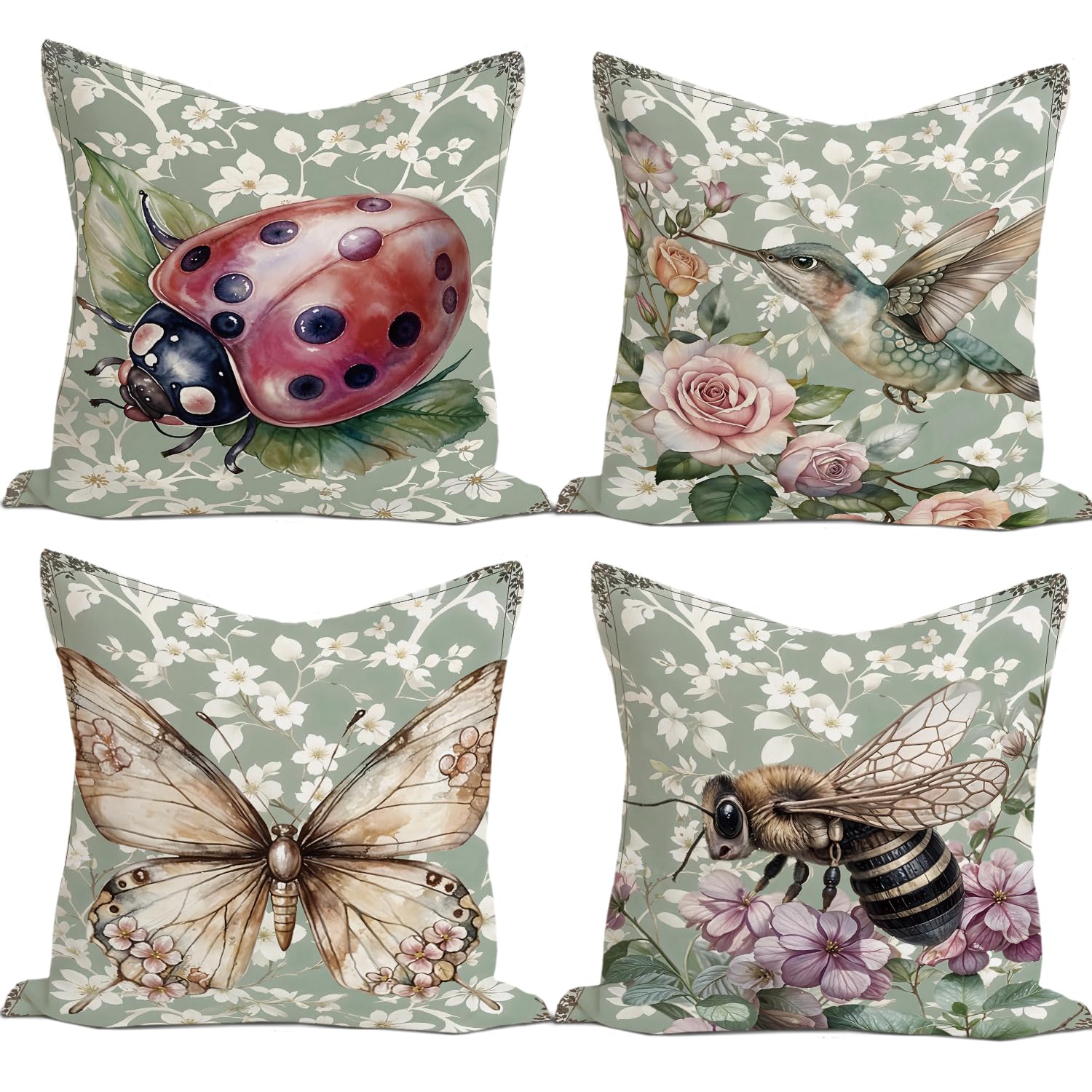 Green Vintage Bee Throw Pillow Covers 18x18 Inch Set of 4 Rustic Classical Cottagecore Vintage Victorian Decorative Farmhouse