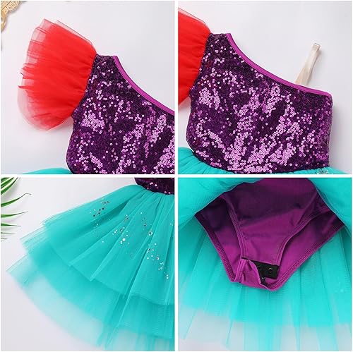 Miniatura 4 de AFAVOM Disfraz de Bam Bam para niñas, disfraz de princesa Sirenita para Halloween, cosplay, un hombro, leotardo de ballet, vestido de baile