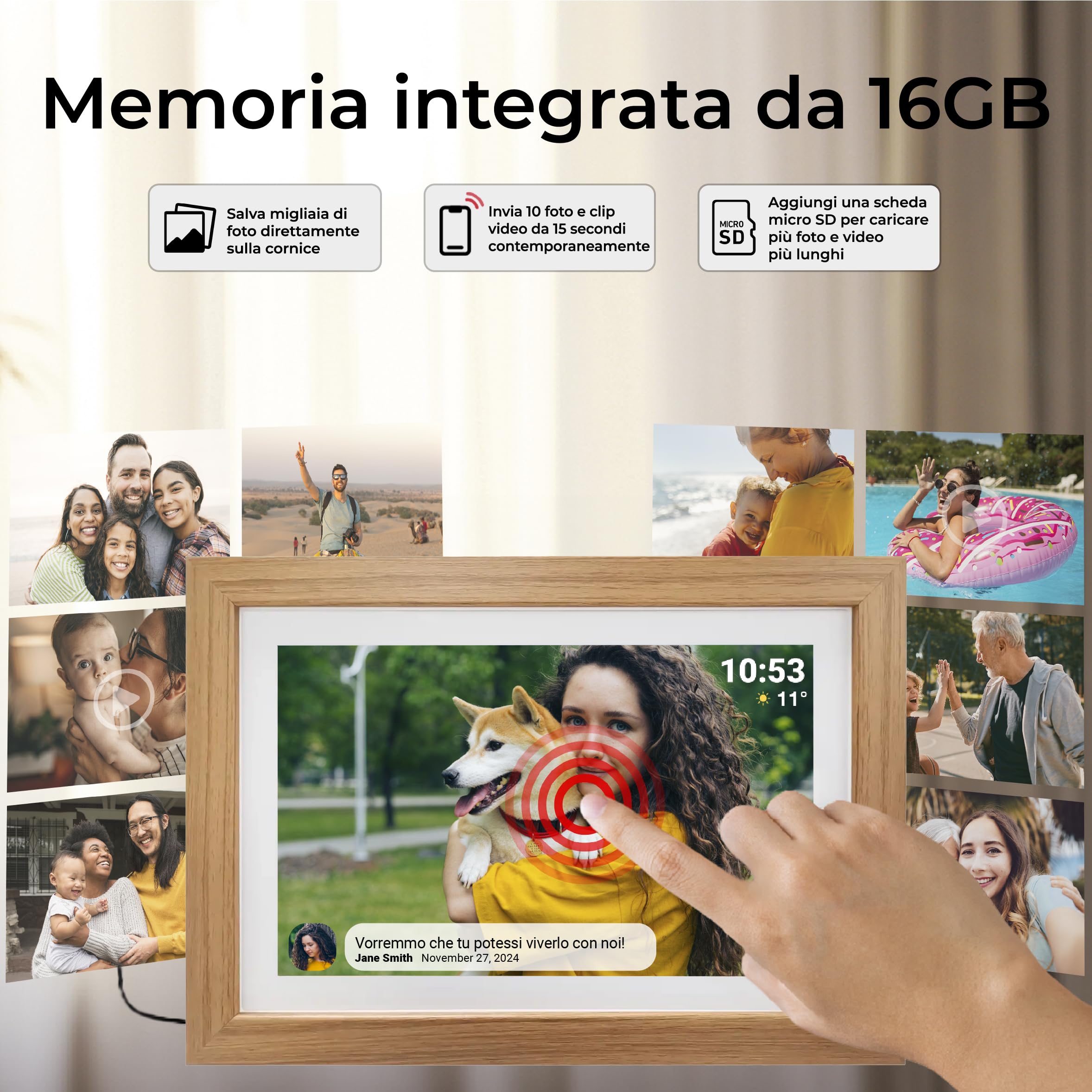 Cornice Digitale 10 Pollici WiFi – Schermo IPS HD 1280x800 – Portafoto Digitale Frameo Denver per Foto e Video – Cornice Elettronica Touchscreen Smart – 16GB Memoria – Slot microSD – Legno Chiaro
