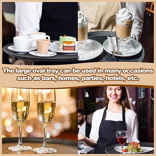Miniatura 2 de FillTouch 2 bandejas de 24 x 29 pulgadas para restaurante, bandeja antideslizante de plástico PP negro, bandeja ovalada grande forrada de goma para