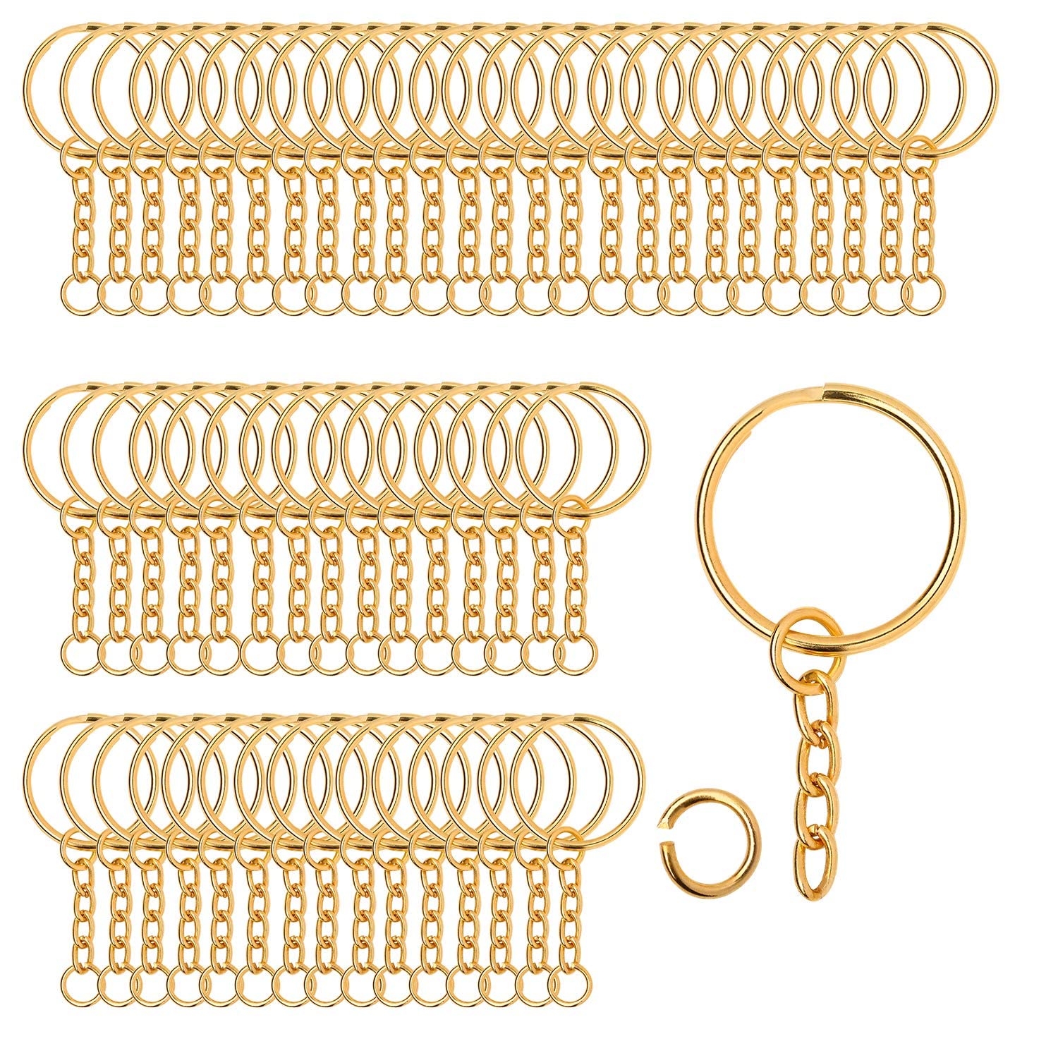 KASTWAVE 100 Pieces Metal Split Key Rings with Chain and Open Jump Rings, 1" Diameter Split Key Chain Rings for DIY Crafts, Keys, Pendant, Jewelry Making (Gold)