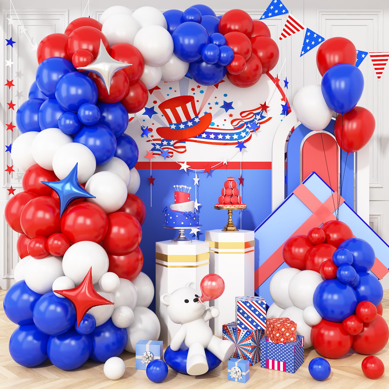 Red White and Blue Balloons Arch Kit, Royal Blue Red White Balloon Garland with Star Foil Balloon, for 4th of July Patriotic Graduation Birthday