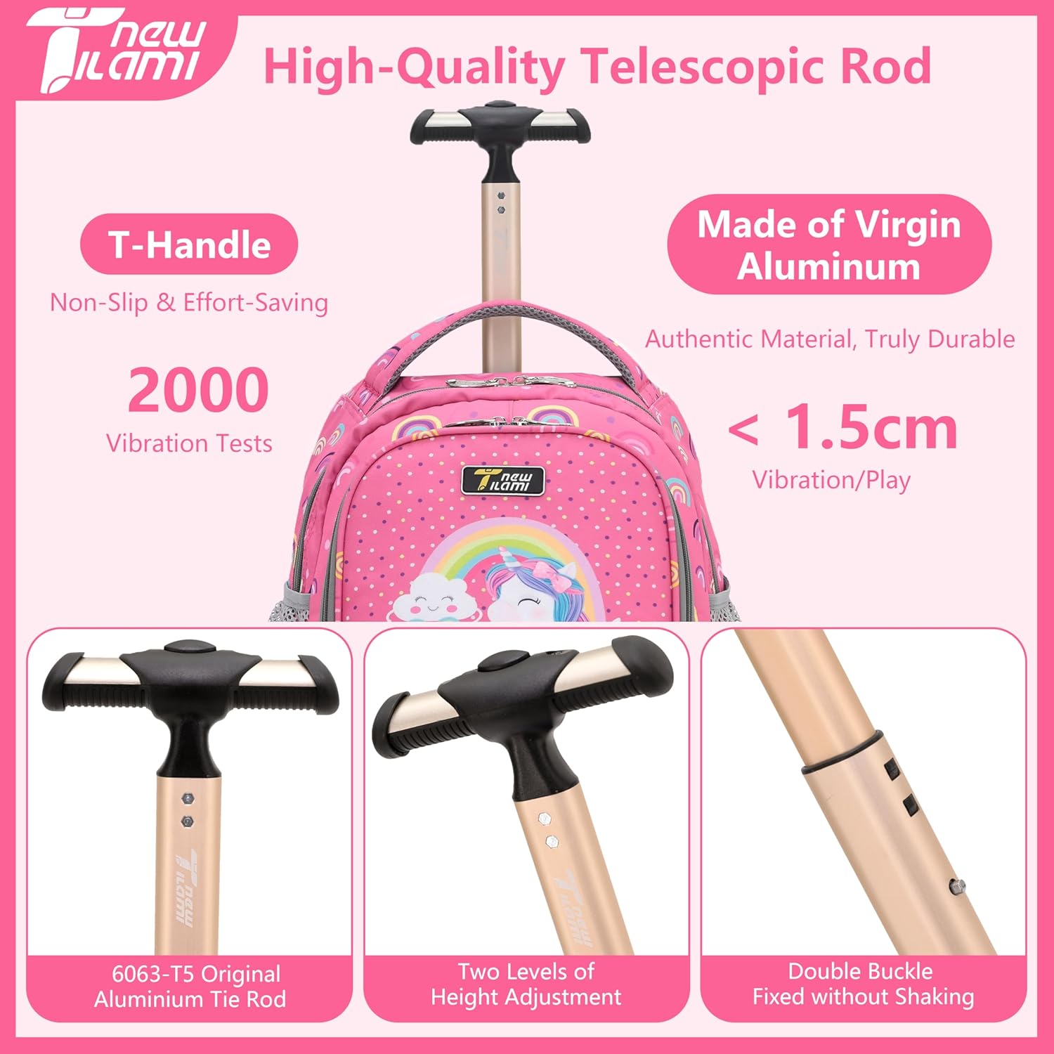NEW TILAMI 16 Inch Rolling Backpack with Lunch Bag for Kids Adjustable Handle Carry-on Suitcase Wheels for Girls Boys School Travel Camping, Pink Rainbow Unicorn