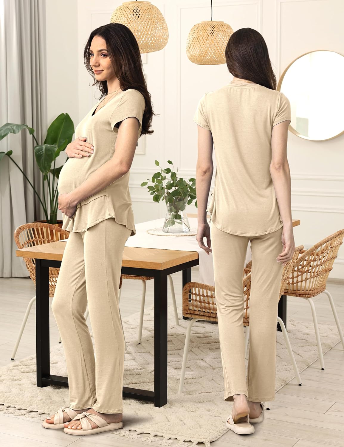 SUNNYBUY 3 PCS Maternity Breastfeeding Pajamas Set, Hidden Nursing Tops, Adjustable Pregnancy Shorts & Pants Postpartum PJS - Image 5