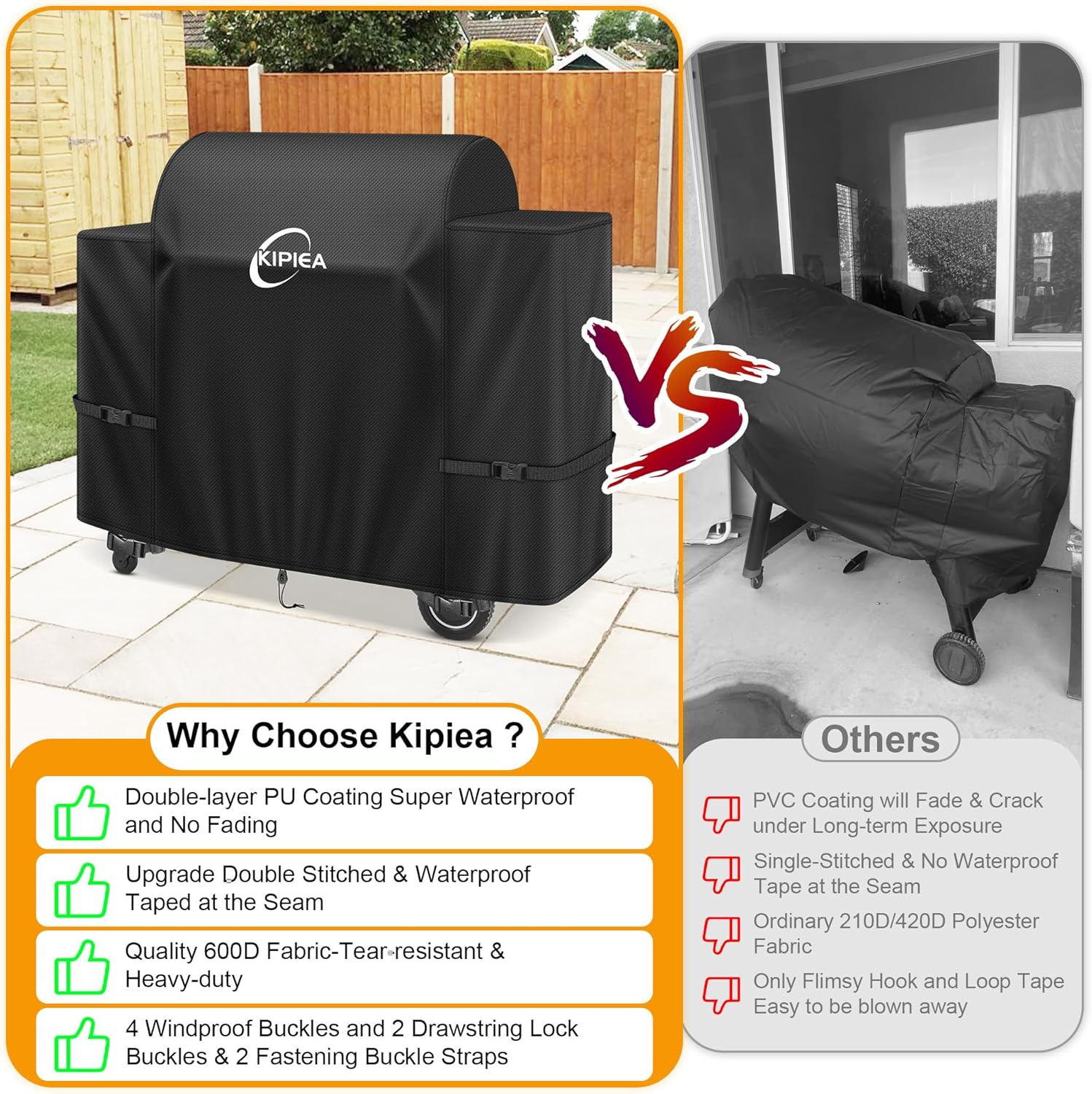 Kipiea Heavy Duty Grill Cover for Traeger Ironwood 885, 600D Oxford Fabric Wood Pellet Smoker Covers Waterproof & Windproof, Pellet BBQ Grill Cover for Outside Anti-UV, No Tear, No Fading