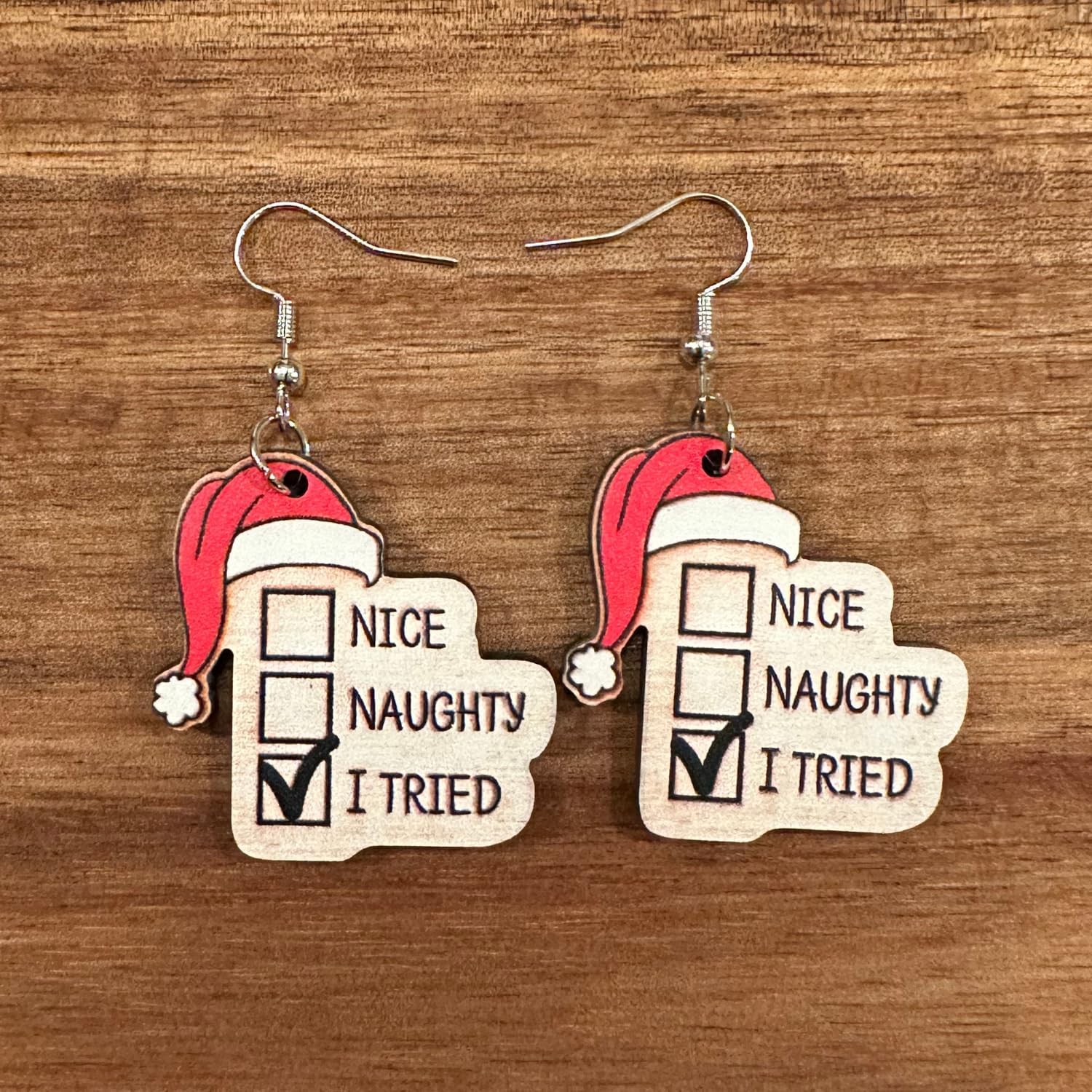 Santa Hat Christmas Earrings, Naughty Nice List Checklist Design, Wooden Holiday Dangle Jewelry, Red and White Festive Drop Earrings image 4