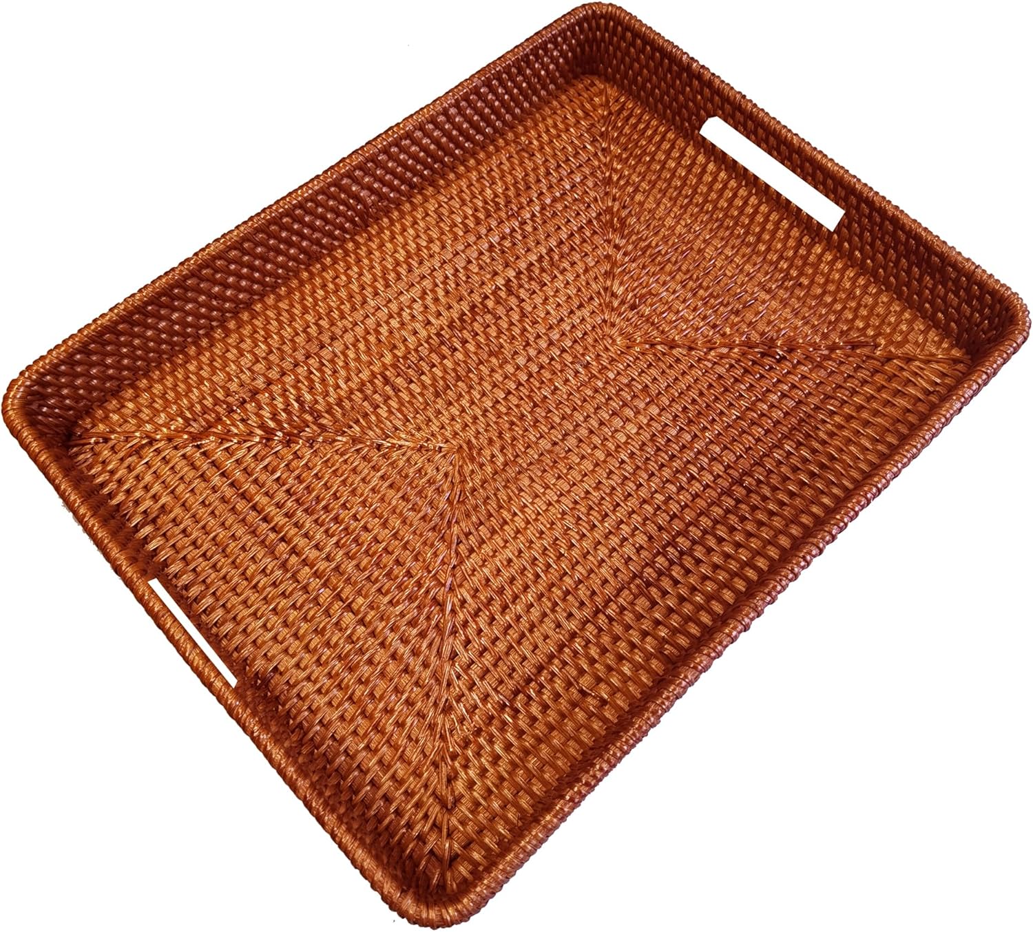 i-lan 17 Inch Oversize Handwoven Dark Brown Rattan Rectangular Serving Tray with Cutout Handles, 2.3” High Wall Decorative Woven Rattan Storage Baskets Organizer Platter for Bread, Fruits