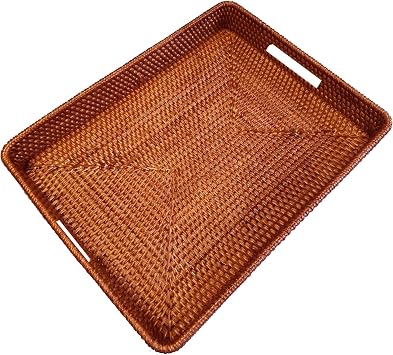 i-lan 17 Inch Oversize Handwoven Dark Brown Rattan Rectangular Serving Tray with Cutout Handles, 2.3 High Wall Decorative Woven Rattan Storage Baskets Organizer Platter for Bread, Fruits