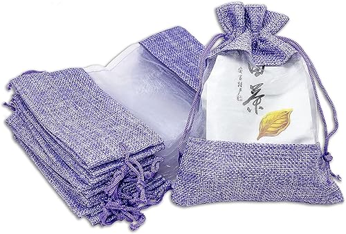 Miniatura 12 de 12 paquetes de grandes bolsas de regalo de arpillera de lino y organza con cordones (16.5x21.5 cm, beige/plata de lunares) - Favores de fiesta