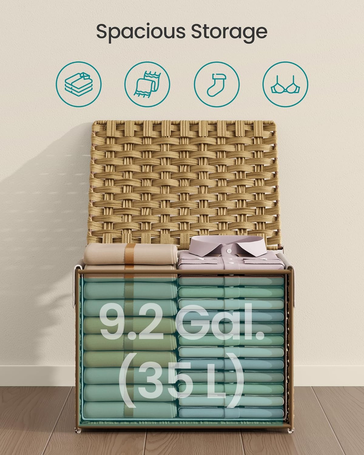 SONGMICS Storage Basket with Lid, Woven Blanket Storage Bin with Handles, Foldable, Removable Liner, Metal Frame, for Bedroom, Laundry Room, 9.2 Gallons (35 L), Natural URST040YE01